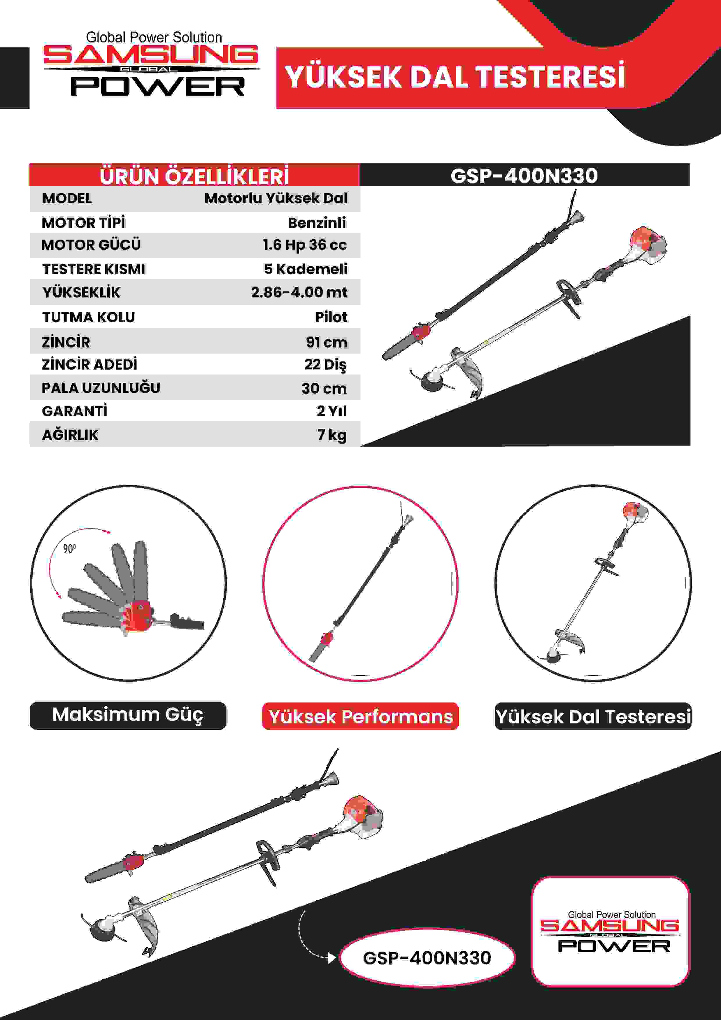 Samsung Gsp-400N330 Benzinli Yüksek Dal Testeresi Ve Tırpan