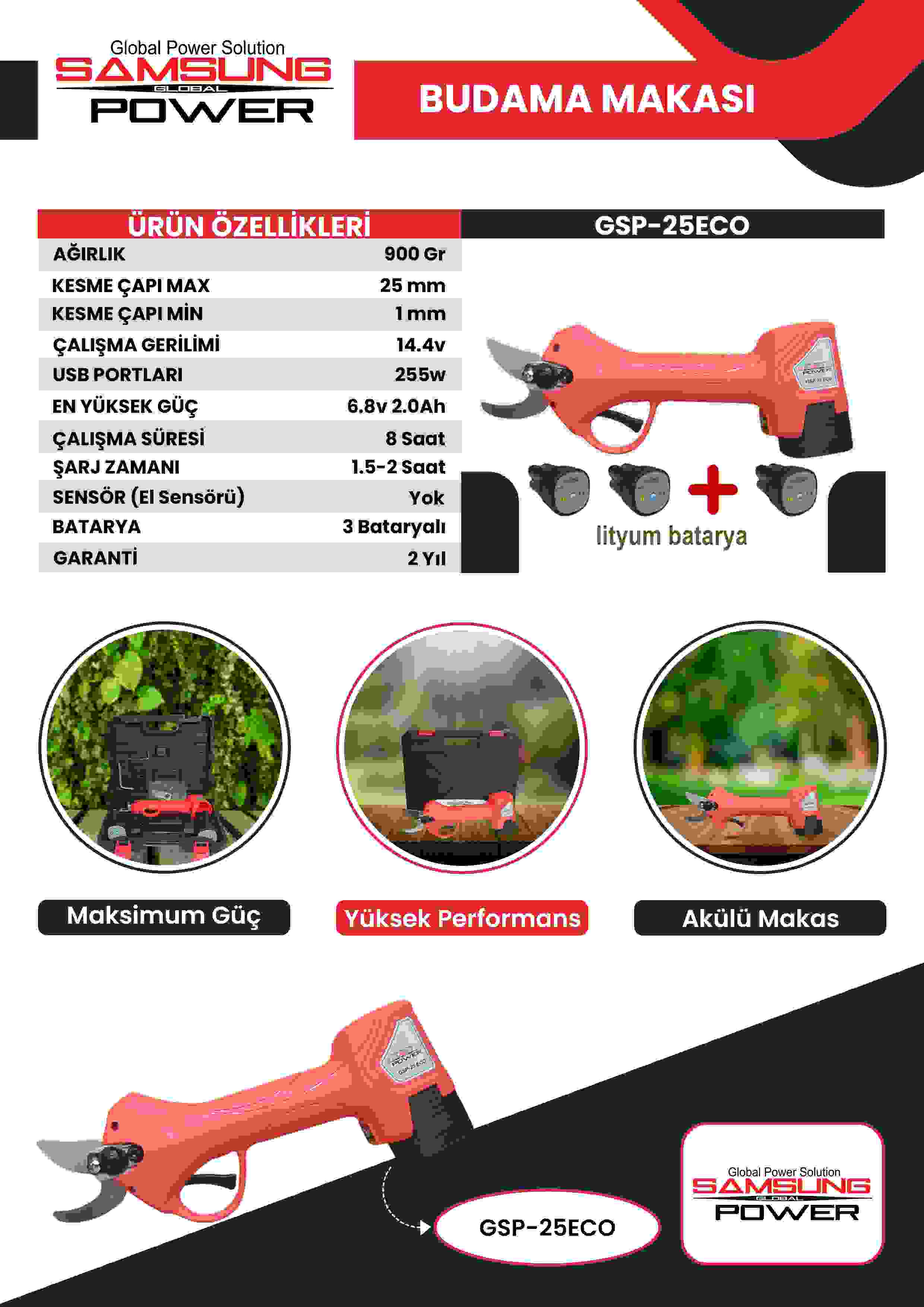 Samsung Power GSP 25 Eco Budama Makası Akülü