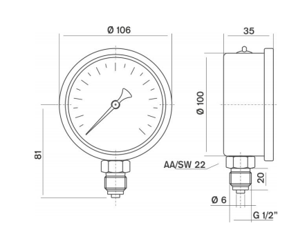 Pakkens 0-6 Bar 100 mm Alttan Bağlantılı Gliserinli Manometre