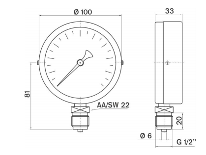 Pakkens 0-16 Bar 100 mm Alttan Bağlantılı Kuru Manometre