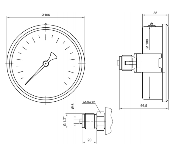 Pakkens 0-10 Bar 100 mm Arkadan Bağlantılı Panotipi Gliserinli Manometre
