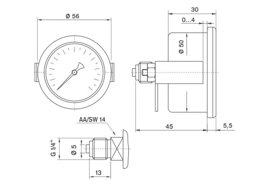 Pakkens 0-10 Bar 50 mm Panotipi Arkadan Bağlantılı Kuru Manometre