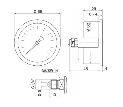 Pakkens 0-160 Bar 63 mm Arkadan Bağlantılı Panotipi Kuru Manometre 