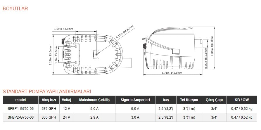 Seaflo Otomatik Sintine Pompası Teknik Ölçüleri