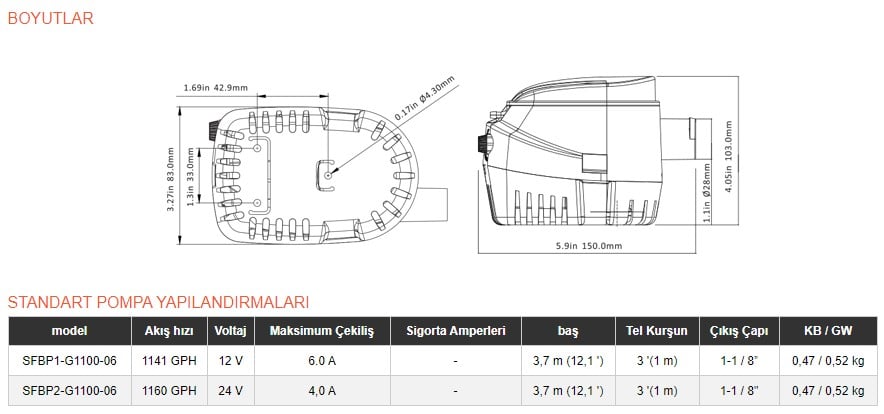 Seaflo 1100 GPH Otomatik Sintine Pompası Ölçüleri