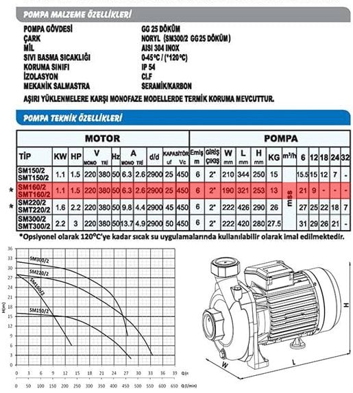 Sumak SM160/2-S Sıcak Su Santrifüj Pompa