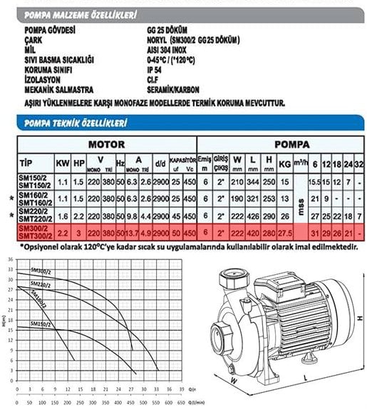 Sumak SM300/2-S Sıcak Su Santrifüj Pompa