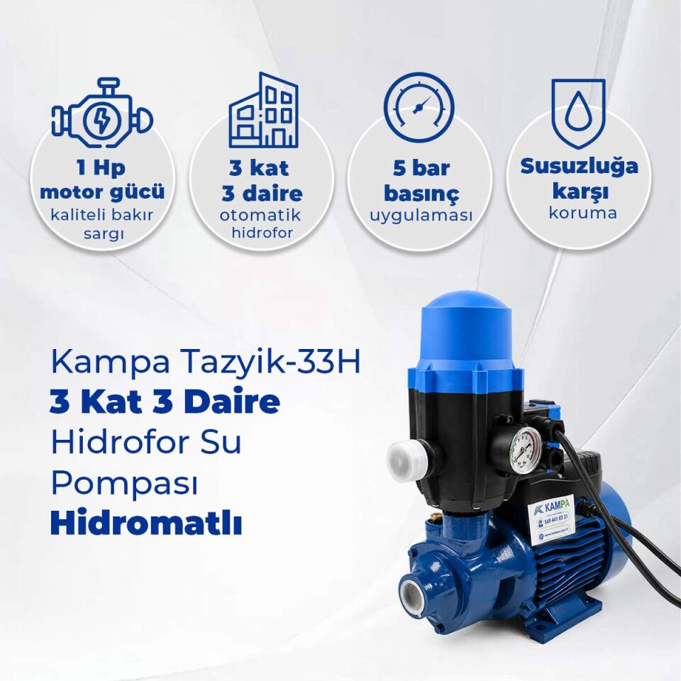 Kampa Tazyik-33H 3 Kat 3 Daire Hidrofor Su Pompası Hidromatlı
