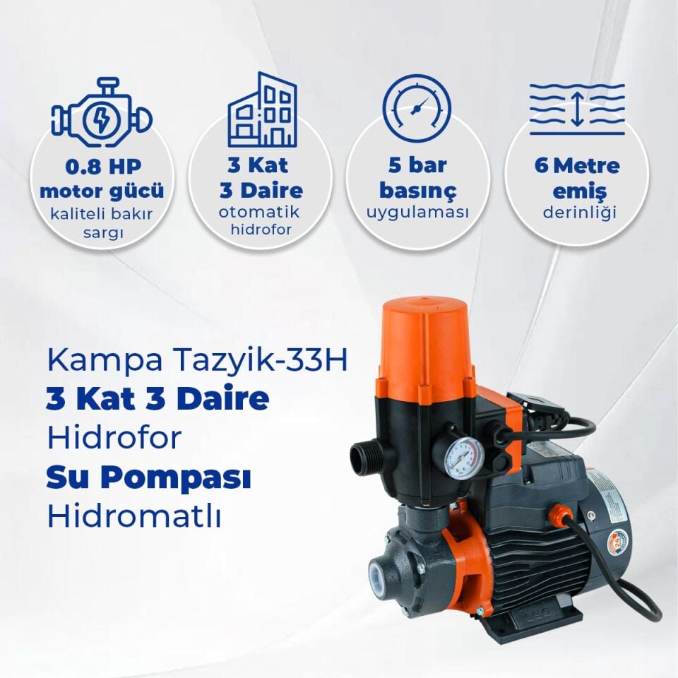 Kampa Tazyik-33H 3 Kat 3 Daire Hidrofor Su Pompası Hidromatlı