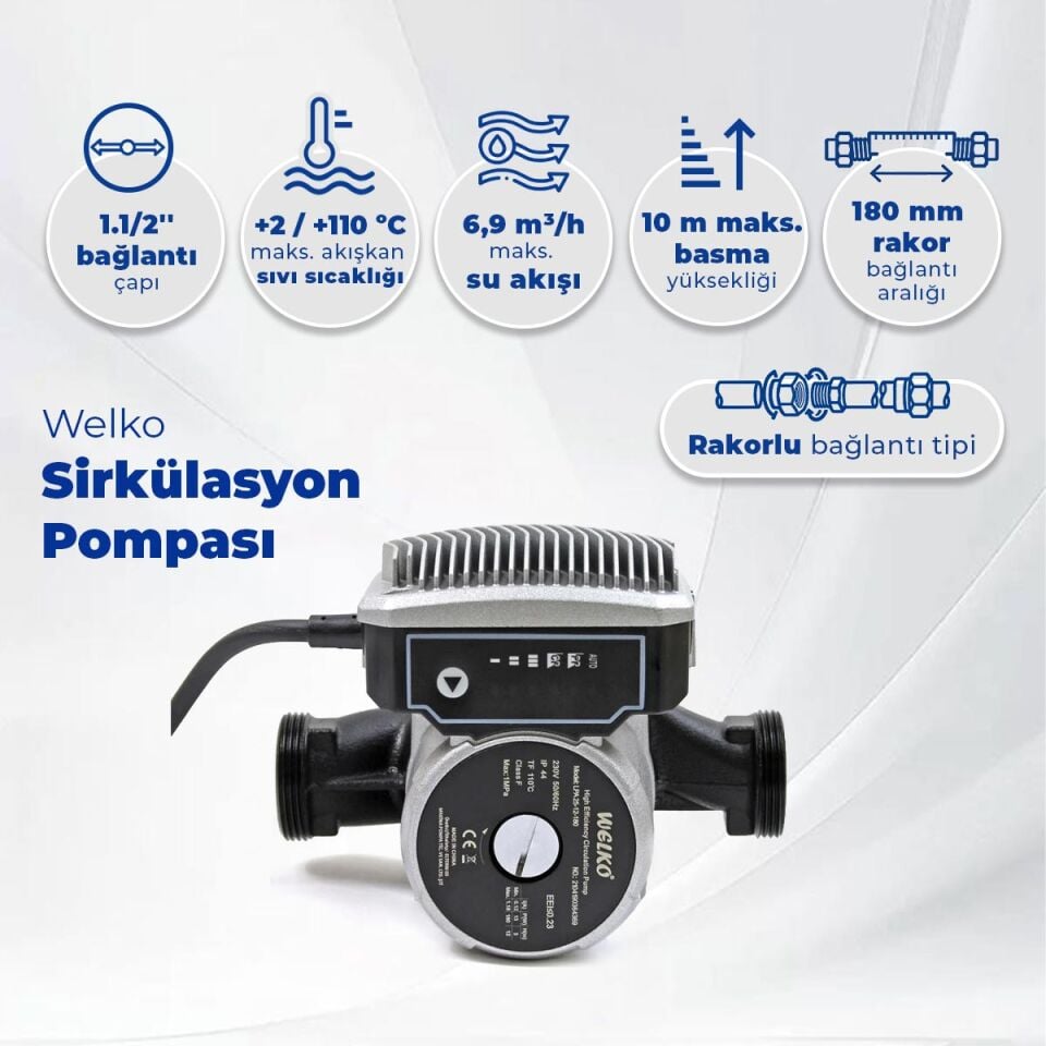 Welko LPA 25-10 180 mm 40-60.000 Kazan İçin Frekans Konvertörlü Sirkülasyon Pompası 10 mss 9 m3/h
