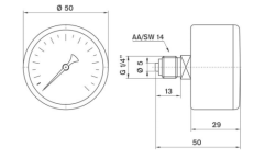 Pakkens 0-100 Bar 50 mm Arkadan Bağlantılı Kuru Manometre G 1/8 inç