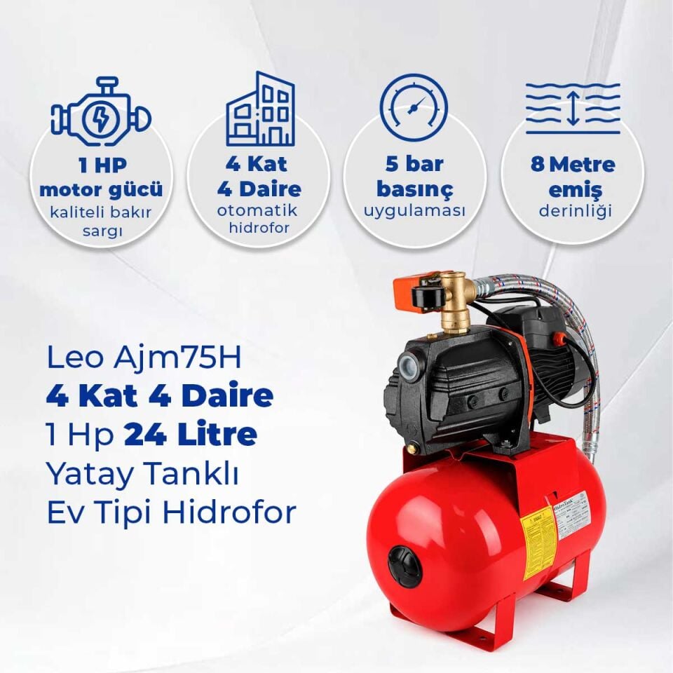 Leo Ajm75H 4 Kat 4 Daire 1 Hp Hidrofor, 24 Litre Yatay Tanklı Hidrofor, Ev Tipi Hidrofor