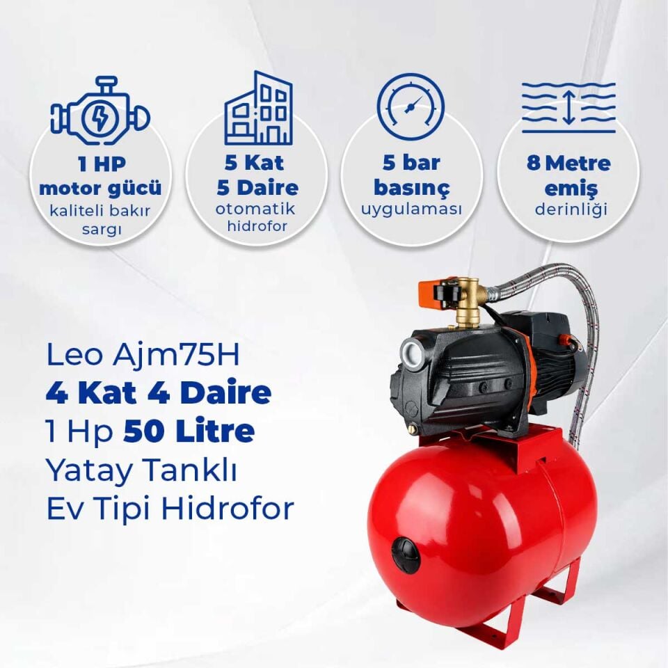 Leo Ajm75H 4 Kat 4 Daire 1 Hp Hidrofor, 50 Litre Yatay Tanklı Hidrofor, Ev Tipi Hidrofor
