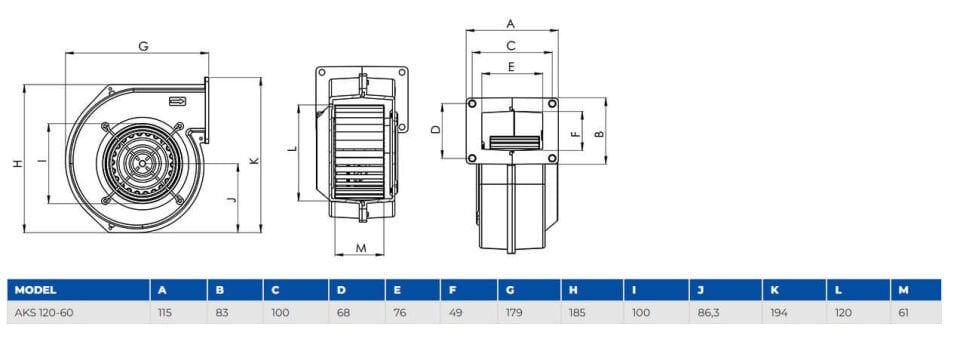 Aircol AKS 120-60 Radyal, Salyangoz ve Kalorifer Kazanı Fanı 250 m³/h 2300 RPM