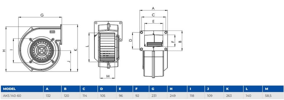 Aircol AKS 140-60 Radyal, Salyangoz ve Kalorifer Kazanı Fanı 400 m³/h 1400 RPM