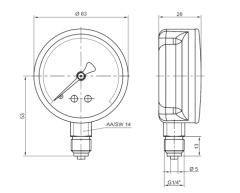 Pakkens Çap 63 0/100 Bar Kuru Tip Basınç Ölçer, Manometre, Basınç Göstergesi 1/4 inch