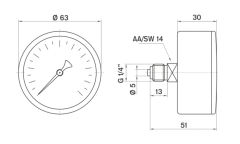Pakkens 0-160 Bar 63 mm Arkadan Bağlantılı Kuru Manometre G 1/4 inç
