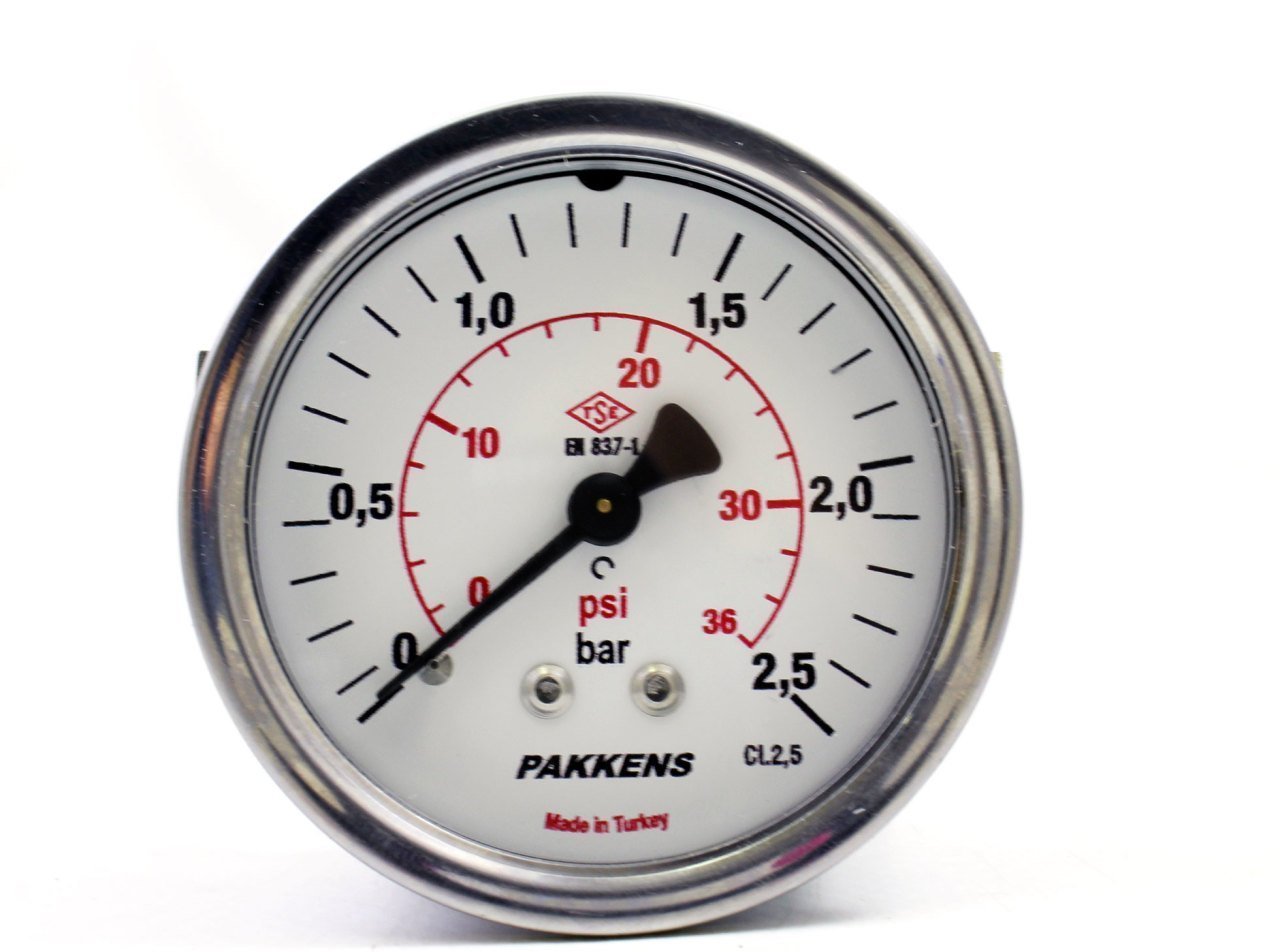 Pakkens 0-2.5 Bar 63 mm Arkadan Bağlantılı Panotipi Kuru Manometre G 1/4 inç