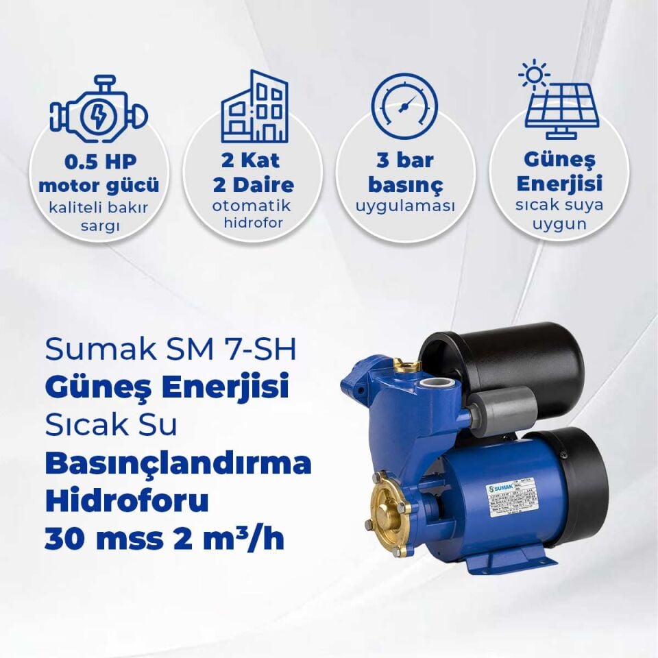 Sumak SM 7-SH Güneş Enerjisi Sıcak Su Basınçlandırma Hidroforu 30 mss 2 m³/h