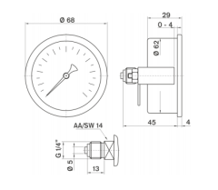 Pakkens 0-100 Bar 63 mm Arkadan Bağlantılı Panotipi Kuru Manometre G 1/4 inç