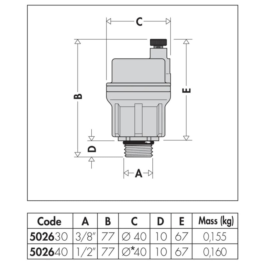 Caleffi ROBOCAL Otomatik Hava Purjörü 40 mm 1/2 inch - 115 °C - 502640