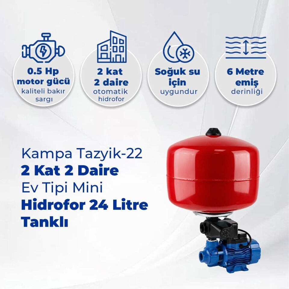 Kampa Tazyik-22 2 Kat 2 Daire Ev Tipi Mini Hidrofor 24 Litre Tanklı