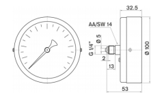 Pakkens 0-25 Bar 100 mm Arkadan Bağlantılı Kuru Manometre G 1/4 inç