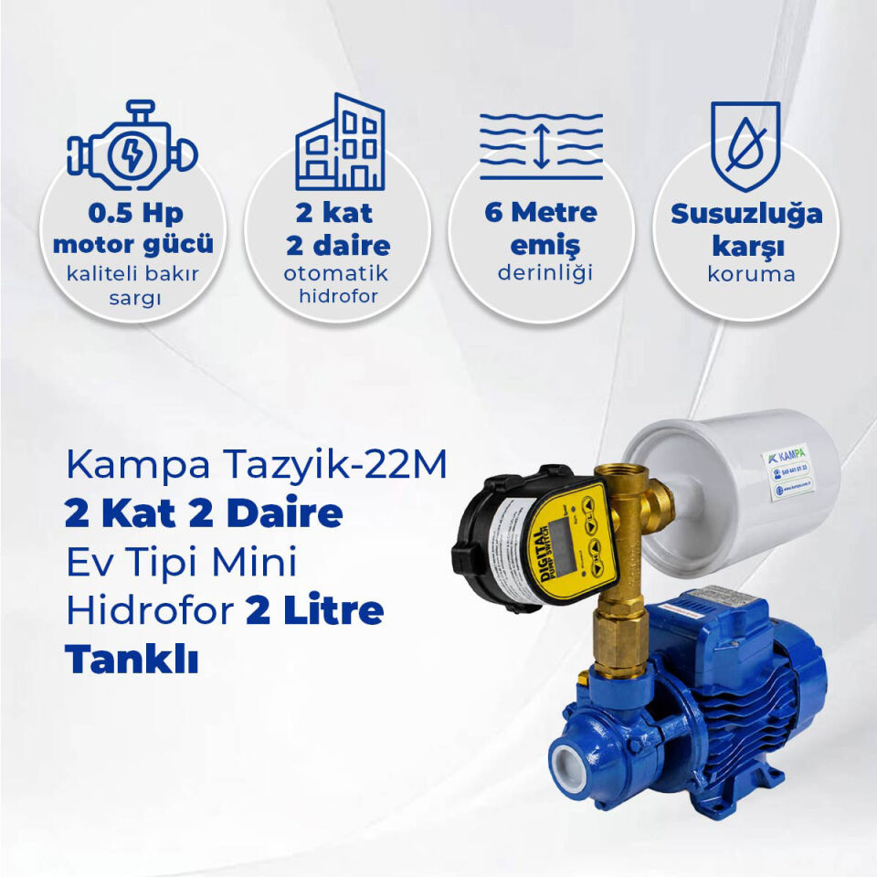 Kampa Tazyik-22M 2 Kat 2 Daire Ev Tipi Mini Hidrofor 2 Litre Tanklı