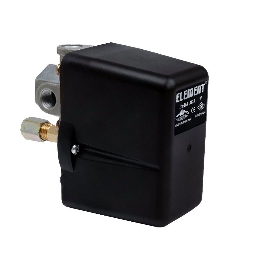 Element Kompresör Basınç Şalteri 1-6 Bar Tahliyeli Üç Yollu Monofaze 1/4 Bağlantılı