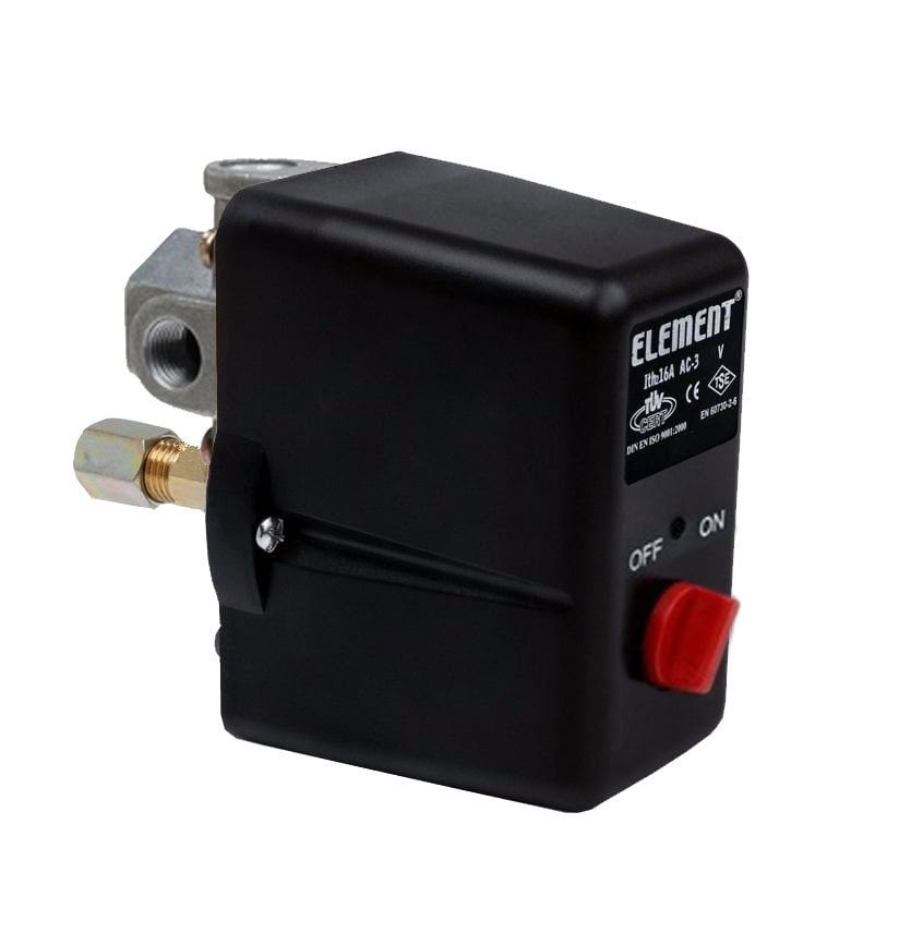 Element Kompresör Basınç Şalteri 2-8 Bar Tahliyeli Üç Yollu On/Off Trifaze Basınç 1/4 Bağlantılı