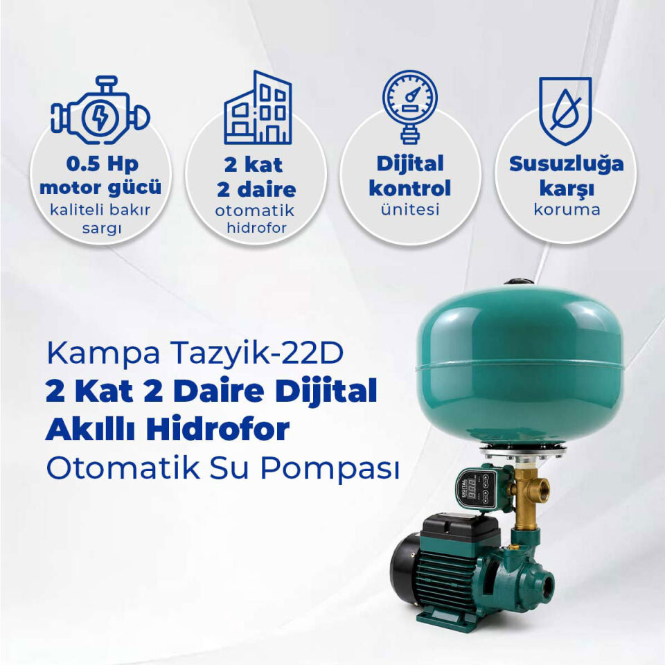 Kampa Tazyik-22D 2 Kat 2 Daire Dijital Akıllı Hidrofor- Otomatik Su Pompası