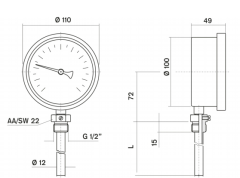 Pakkens Termometre 0-500 °C Çap 100 mm Daldırma Boyu 10 cm Alttan Bağlantılı  G 1/2 inç