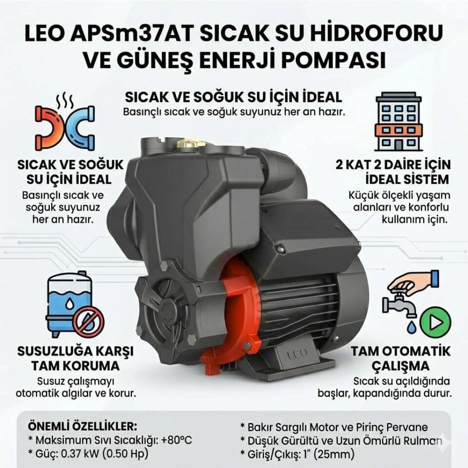 LEO APSm37AT Sıcak Su Hidroforu, Güneş Enerji Pompası 0.5 HP - 2 Kat 2 Daire