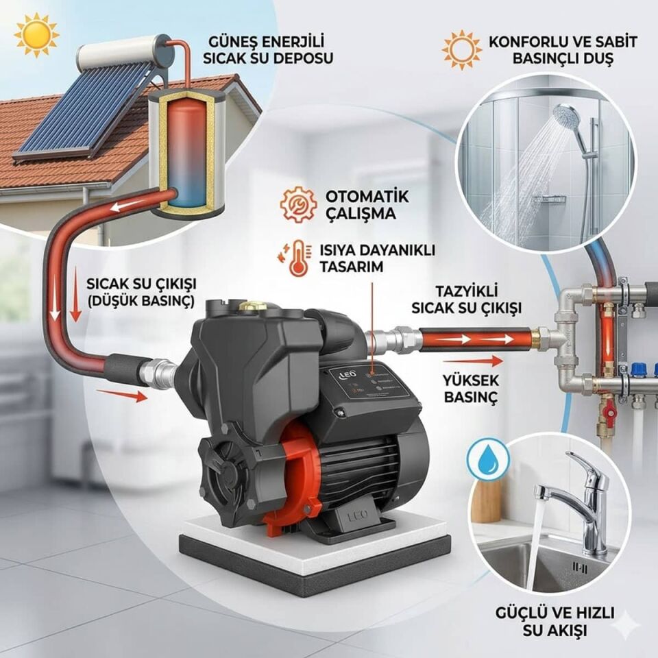 LEO APSm37AT Sıcak Su Hidroforu, Güneş Enerji Pompası 0.5 HP - 2 Kat 2 Daire