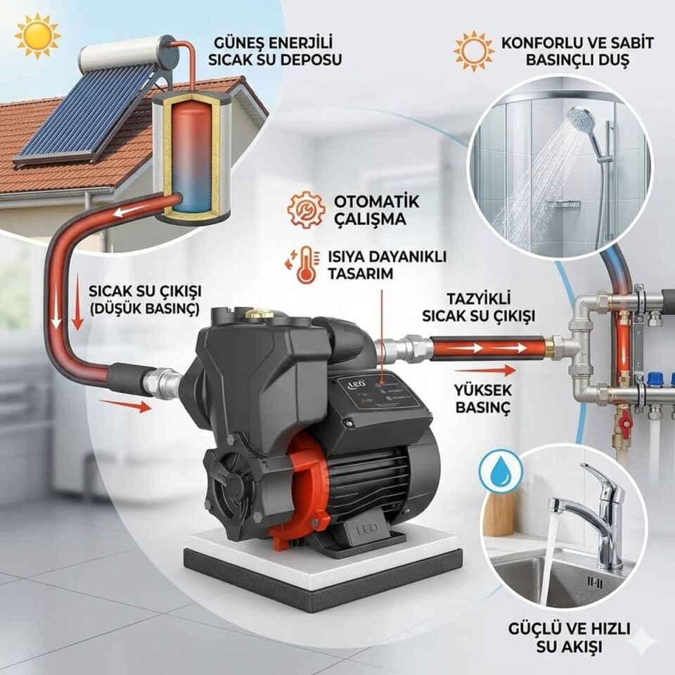 LEO APSm37AT Sıcak Su Hidroforu, Güneş Enerji Pompası 0.5 HP - 2 Kat 2 Daire