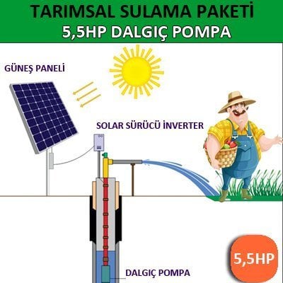 Solar Güneş Enerjili Tarımsal Sulama Sistemi, 5.5 HP Dalgıç Pompa Sistemi