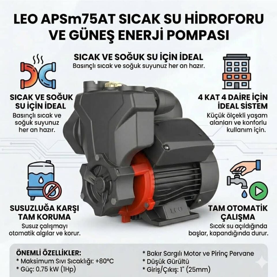 LEO APSm75AT Sıcak Su Hidroforu, Güneş Enerji Pompası 1 HP - 4 Kat 4 Daire