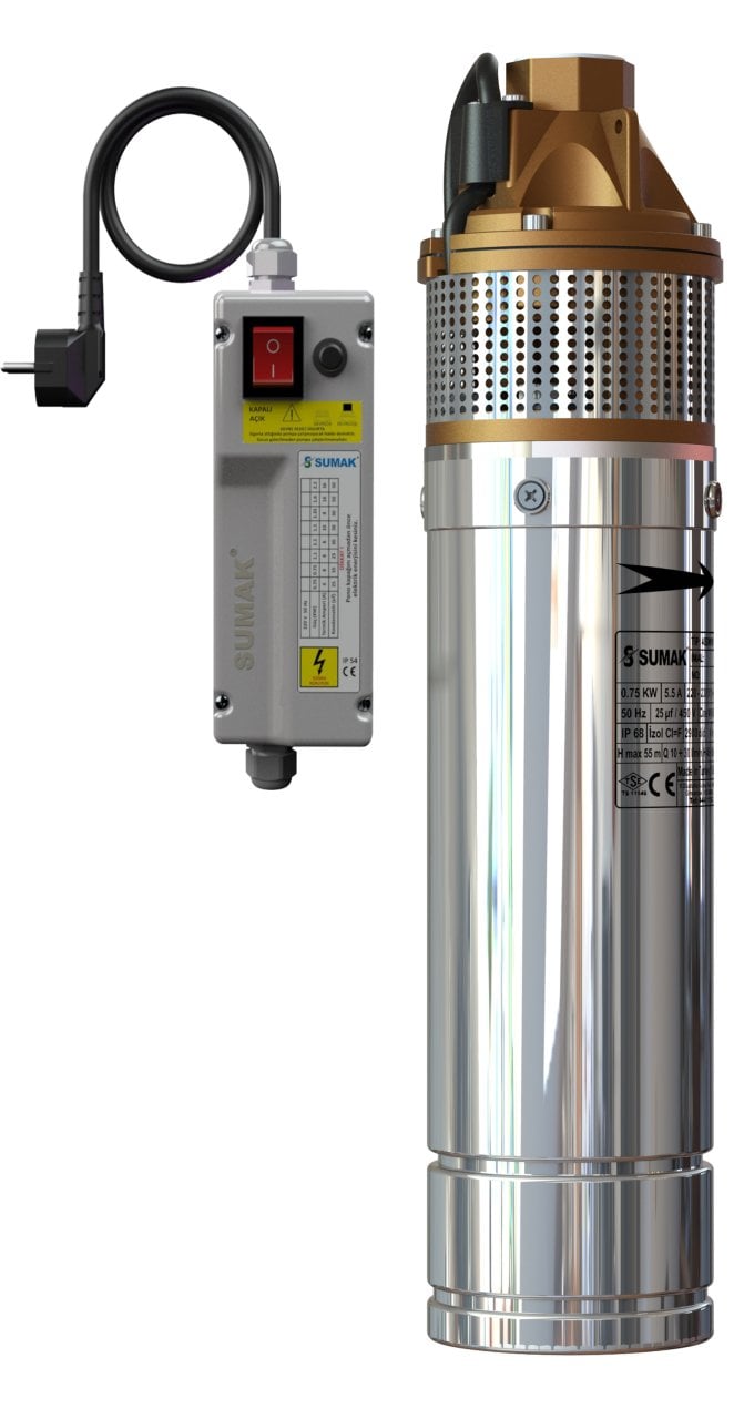 Sumak 4SDM100 4 inch Paslanmaz Dalgıç Pompa Monofaze (220V) 1HP (Panolu, 15 m. Kablolu)