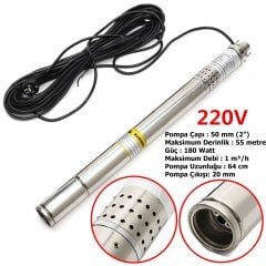 2 inch 50 mm Dış Çap En İnce Dalgıç Pompa 10 Metre Kablolu 180 Watt 55 mss 1 m³/h