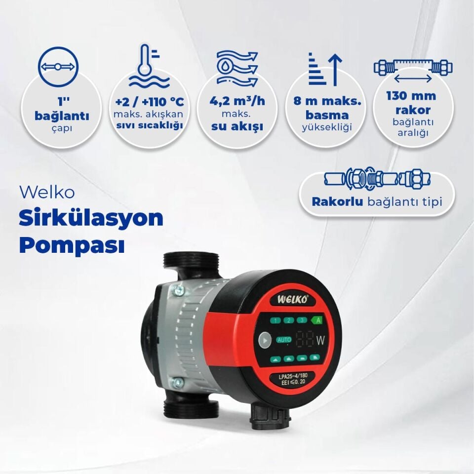 Welko LPA 25-8 130 mm Frekans Konvertörlü Sirkülasyon Pompası 8 mss 4,2 m3/h