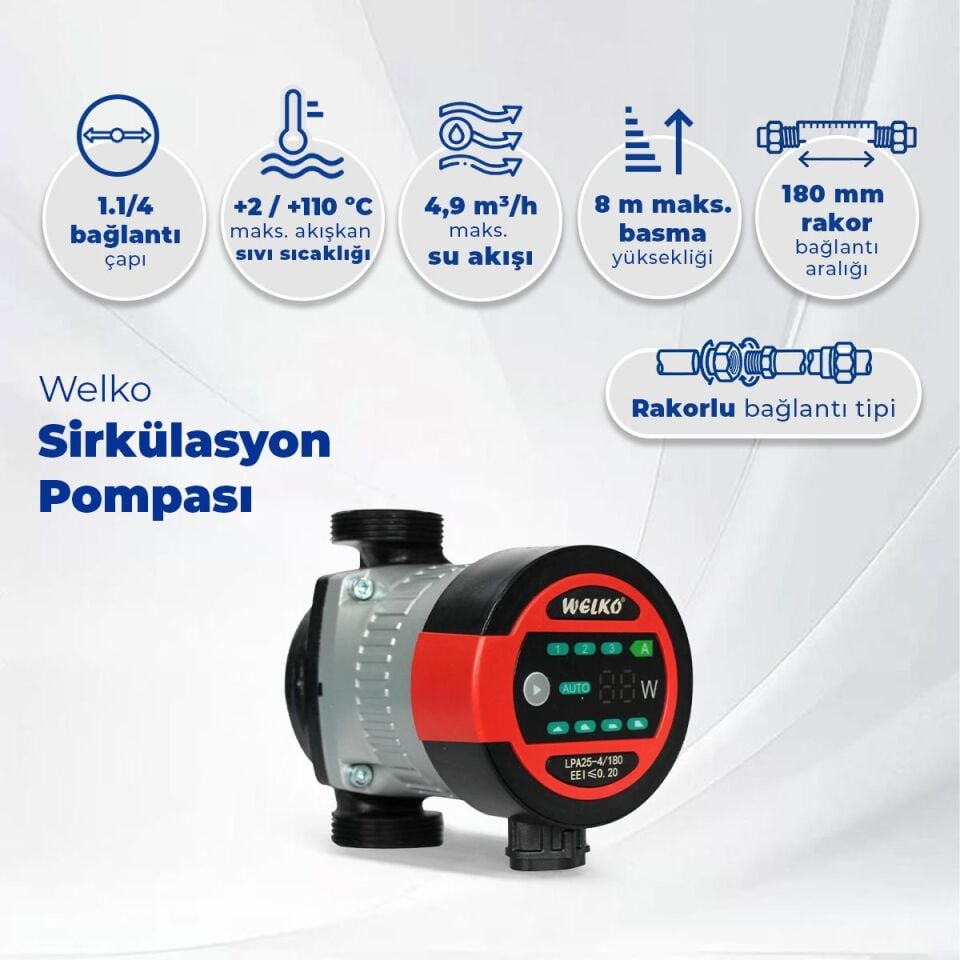 Welko LPA 32-8 180 mm Frekans Konvertörlü Sirkülasyon Pompası 8 mss 4,9 m3/h