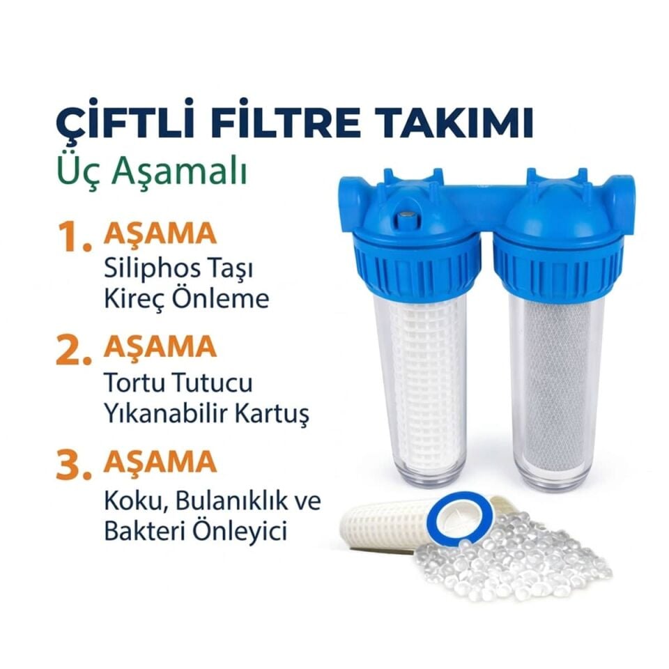 Aquafer Çiftli Filtre Takımı 3 Aşamalı Bina Girişi Su Arıtma Sistemi