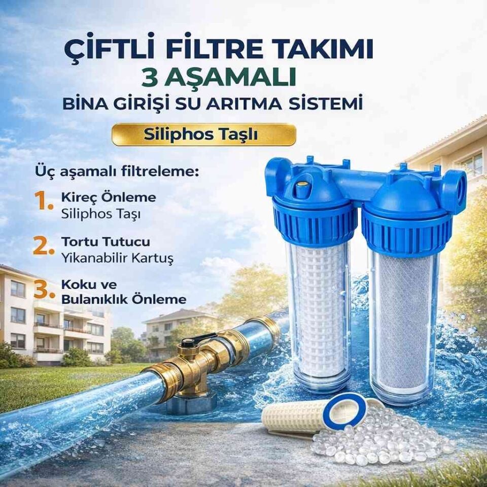 Aquafer Çiftli Filtre Takımı 3 Aşamalı Bina Girişi Su Arıtma Sistemi