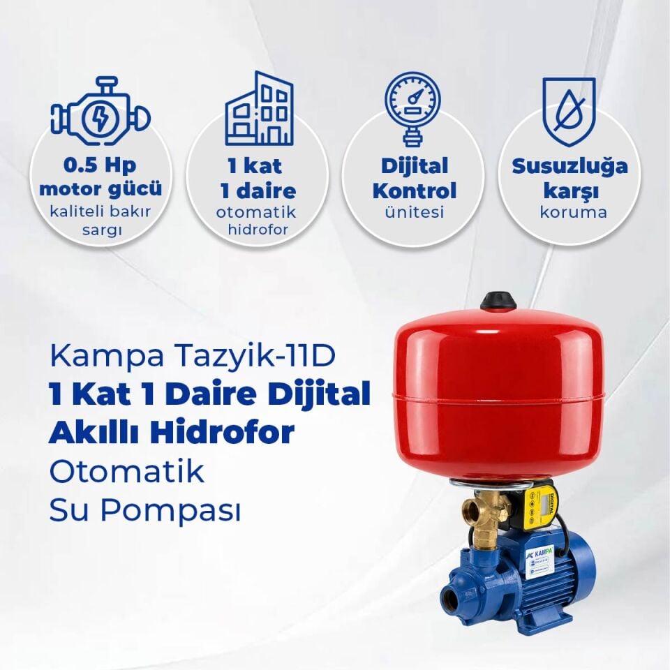 Kampa Tazyik-11D 1 Kat 1 Daire Dijital Akıllı Hidrofor - Otomatik Su Pompası