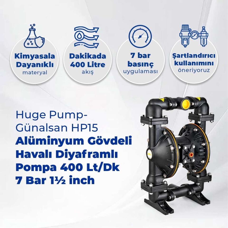 Huge Pump-Günalsan HP15 Alüminyum Gövdeli Diyaframlı Havalı Pompa 400 Litre/Dakika 7 Bar  1½ inch