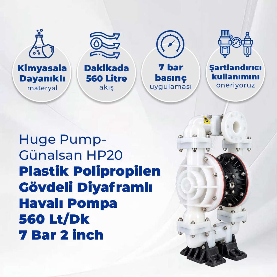 Huge Pump-Günalsan HP20 Plastik Polipropilen Gövdeli Diyaframlı Havalı Pompa 560 Litre/Dakika 7 Bar 2 inch