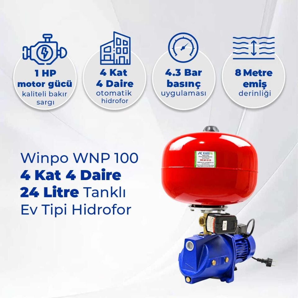 Winpo WNP 100 4 Kat 4 Daire Hidrofor, 24 Litre Tanklı Hidrofor, Ev Tipi Hidrofor